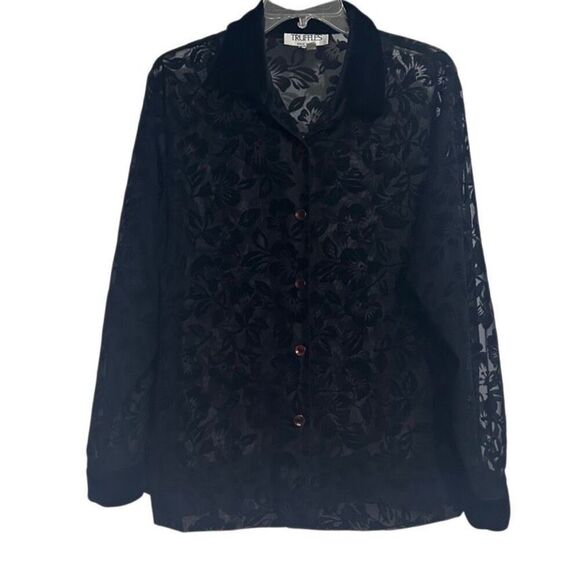 Vintage Truffles Blouse Womens Medium Black Jacquard Velvet Burnout Floral Sheer - Picture 9 of 10